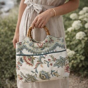 Floral Tapestry Handbag w/ Bamboo Handles Cottagecore Boho Shoulder Bag